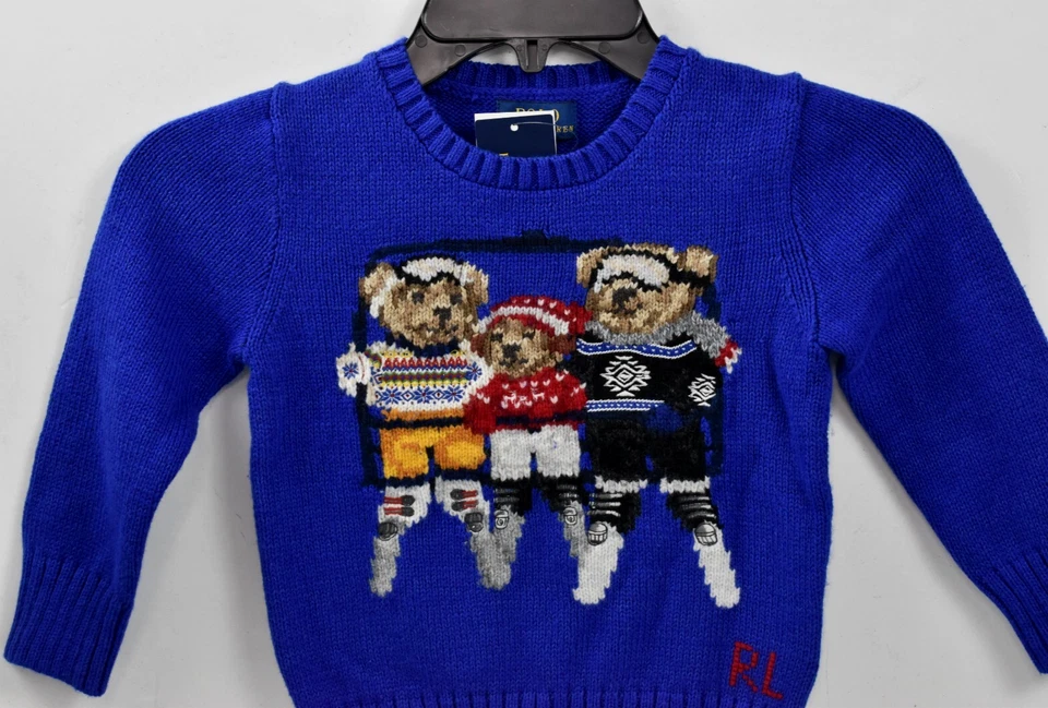 Suéter de malha novo com etiquetas Polo Ralph Lauren tamanho 3/3T azul bordado família urso de esqui $295 - Imagem 1 de 4