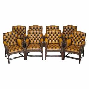 EIGHT RESTORED BROWN LEATHER THOMAS CHIPPENDALE CHESTERFIELD CLUB ARMCHAIRS 8