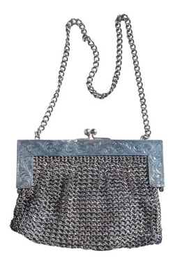 ANTIQUE German 800 sterling silver P&B mini 5" mesh engraved purse Kidskin 165g - Image 1 of 4