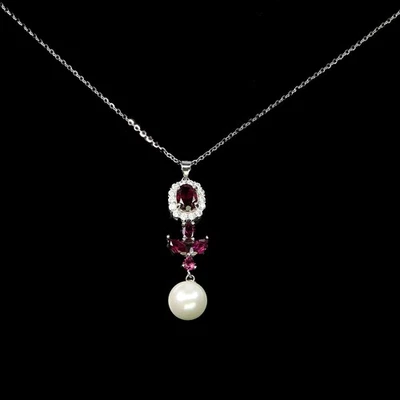 Collar de plata de ley 925 ovalado rodolita fregona piedras preciosas naturales joyería 18 pulgadas Foto 1 de 4