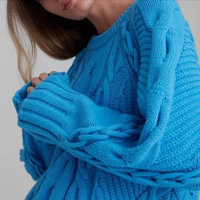 Suéter Club Monaco Gran Tamaño Cable Crew en Azul Talla Pequeña NUEVO Foto 1 de 4