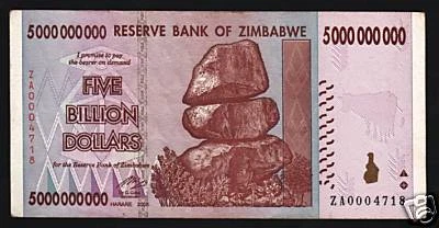 ZIMBABWE 5,000,000,000 5 BILLION DOLLARS 2008 P-84 ZA *REPLACEMENT RARE BANKNOTE - Image 1 of 3