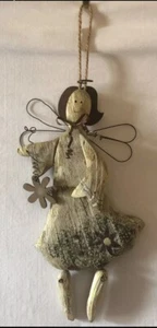 9.25" Hanging Wood Angel Dangle Legs Metal Flower Primitive Distressed Ornament - Picture 1 of 3