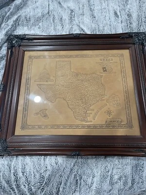 BACKORDERED Natural Texas Handmade Leather Map in Solid Wood Frame Made USA - Image 1 of 4