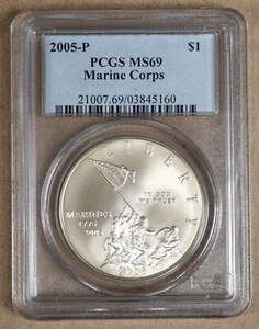 2005-P U.S. MARINES COMMEMORATIVE SILVER DOLLAR PCGS MS69 845160 - Picture 1 of 2