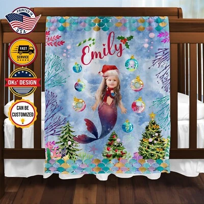 Personalized Christmas Mermaid Blanket, Custom Baby Girl Christmas Blanket - Image 1 of 2
