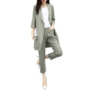 Womens Ladies Fashion Cotton Linen Long Blazer Cropped Pants Suit Sets 2 Pcs RWB