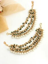 Gold tone 3 layered ear chain studded with faux pearls maroon and green beads.