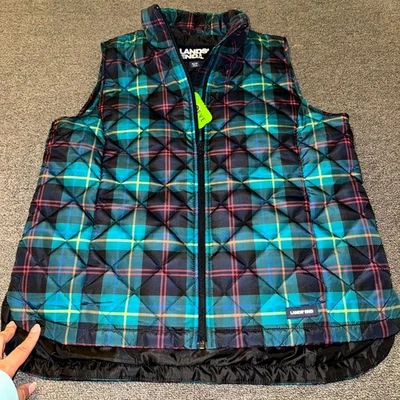 Lands’ End Quilted Puffer Vest Womens M 10–12 Green Tartan Plaid Winter Full Zip - Image 1 of 4