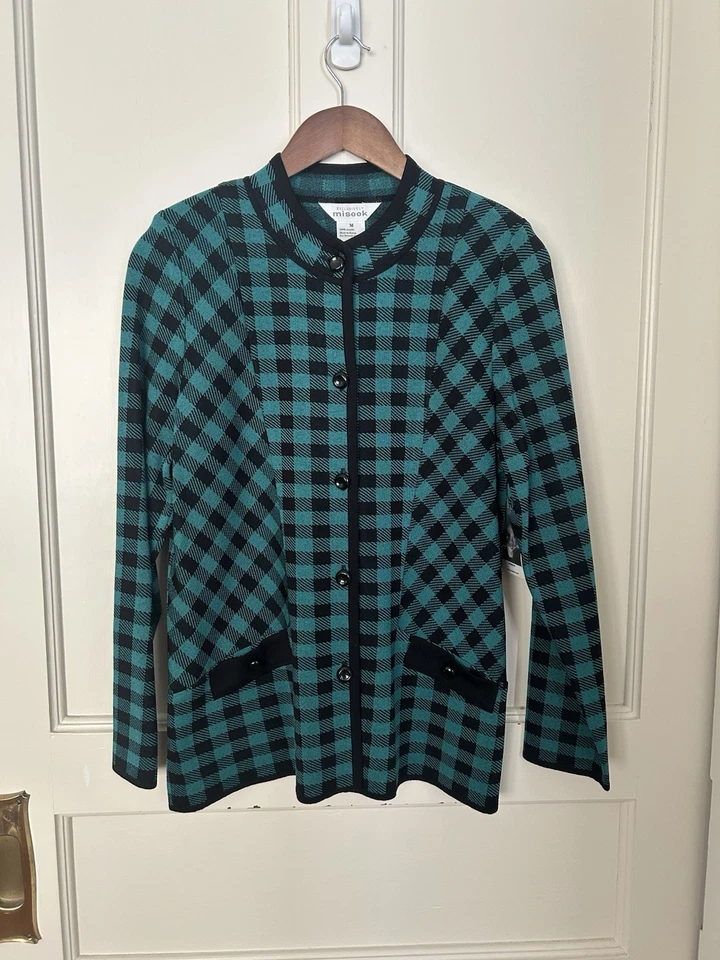 Chaqueta Suéter Exclusivamente Misook Botón a Cuadros para Mujer Talla Mediana Verde Nueva con Etiquetas Foto 1 de 4