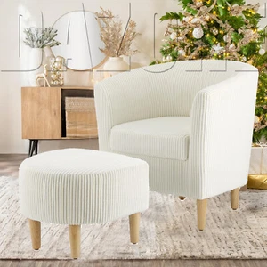 Modern Accent Arm Chair  Upholstered  Corduroy Single Sofa Chair W/Ottoman White - Picture 1 of 15