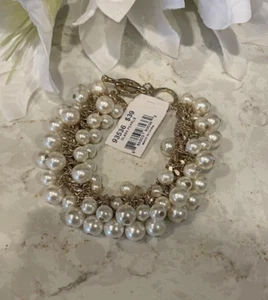 VIVI (COOKIE LEE) GLASS PEARLS GOLD/WHITE BRACELET NEW 93536 MRP $39 WEDDING - Picture 1 of 2