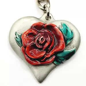 Portachiavi in peltro a forma di cuore con foglie di rosa rossa centrale portachiavi vintage 1987 - Foto 1 di 11
