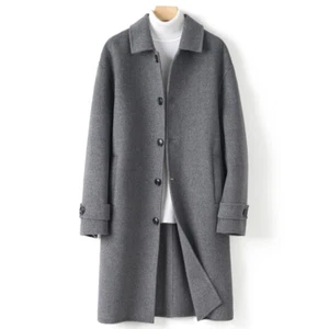 Autumn New Lapel Collar 100% Wool Jacket Mens Cashmere Woolen Long Business Coat - Picture 1 of 27