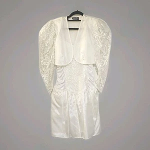Vintage 80er Jahre weißes Taft Spitzen Kleid mit Bolero Jacke 9 - Bild 1 von 9