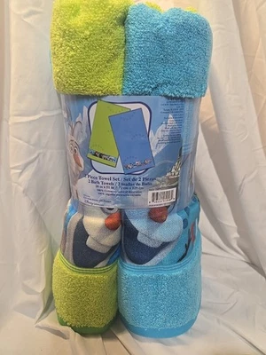 迪士尼冰雪奇缘奥拉夫 2 件套毛巾浴套装 28 英寸×51 英寸蓝色和霓虹绿色 100% 棉 — 第 1/4 张图片