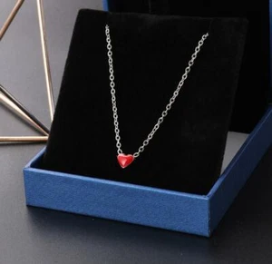 Tiny Silver Unisex Love Red Heart Titanium S.Steel Pendant Chain Necklace  - Picture 1 of 1