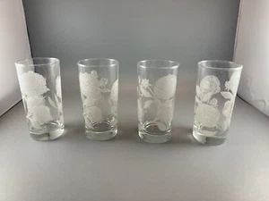 Glasses MCM 4 Tumblers 12 oz White Peony Flower Pattern Weighted Bottom (B52) - Picture 1 of 8