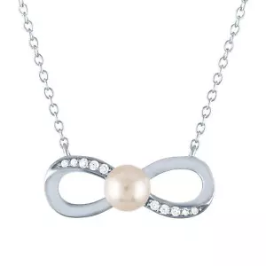 Brilliance Simulated Pearl and CZ Sterling Silver Infinity Pendant, 18" - Picture 1 of 3
