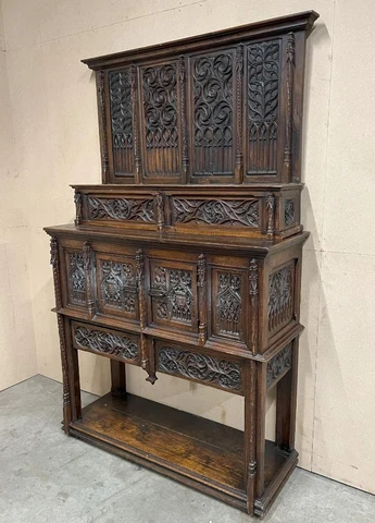 French Antique Gothic Revival Oak Wood Sideboard/Buffet/Storage Cabinet Cover