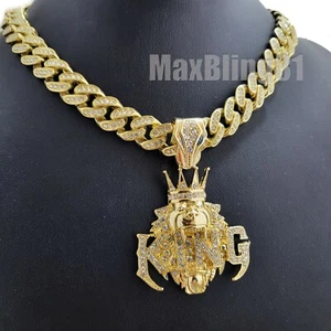 KING CROWN LION Pendant & 16" 18" 20" 24" Iced Cuban Box Lock Chain Necklace - Picture 1 of 38