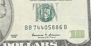 Series 1999 Fanny Serial Number $10 Dollar Bill BB 74405886B Currency Note. - Picture 1 of 3