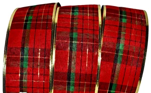 Christmas Tartan Plaid 2.5" x 5 Yard Wired Ribbon Red Green Gold Metallic Winter - Picture 1 of 2