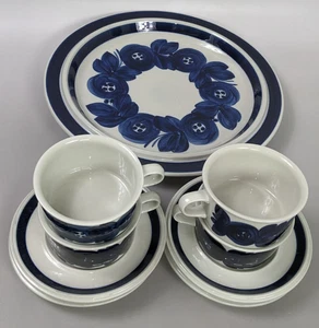 Arabia Finland Anemone Blue Flat Coffee Tea Cups, Saucers, 13" Platter 9 Pcs. - Picture 1 of 14