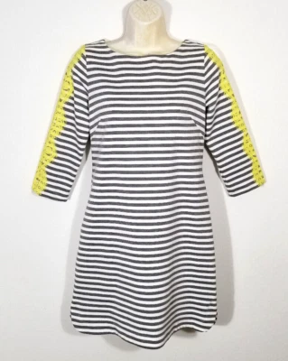 Eliza J Women Size 4 Shift Dress Dark Gray Beige Striped Yellow Lace 3/4 Sleeve - Image 1 of 4