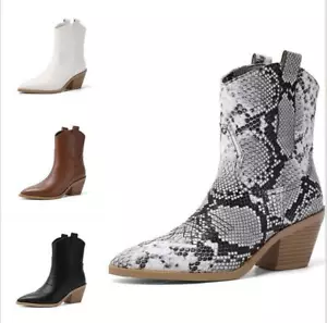 Chunky Heel Women Ankle Boots High Top Pointy Toe Ladies Cowboy Chelsea Boots Sz - Picture 1 of 16