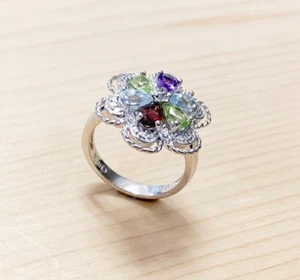 GORGEOUS GENUINE MULTI GEM-STONE & DIAMOND STERLING SILVER RING #6 NEW ! - Picture 1 of 3