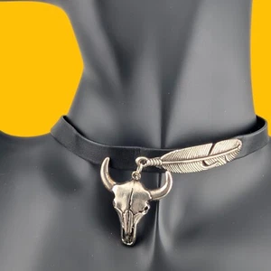 BLACK FAUX LEATHER CHOKER w/ cow skull & feather southwestern necklace 12-15" O4 - Picture 1 of 4