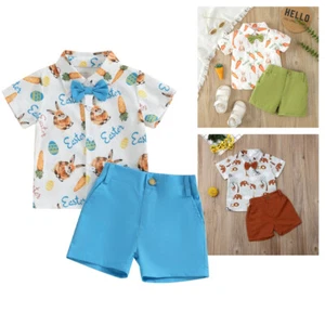 Infant Baby Boy Easter Outfit Rabbit Print Bowtie Shirt Top+Shorts Gentleman Set - Picture 1 of 37