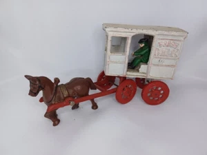 1930s CAST IRON WHITE MILK WAGON W/ HORSE & DRIVER LARGE 11"X5.75" - Picture 1 of 5