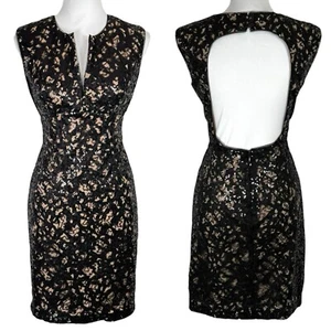 BCBGMAXAZRIA Kaya Lace Sequin Open Back Dress Size 10 P Black Nude Lining Party - Picture 1 of 15