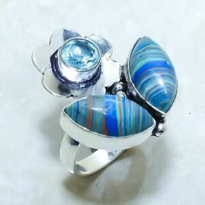 Rainbow Calsilica, Blue Topaz Silver Jewelry Ring Size Adjustable RRJ12418