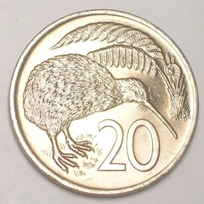 Moneda de 20 centavos de pájaro kiwi de Nueva Zelanda 1977 XF+ Foto 1 de 2