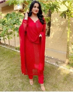 CHIFFON INDIAN FULL AARI MUKESH WORK WEDDING/PARTY 3pc SUITS. CHERRY RED - Picture 1 of 8
