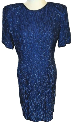 复古 STENAY 真丝串珠连衣裙亮片晚会鸡尾酒蓝色 P10 码 — 第 1/4 张图片
