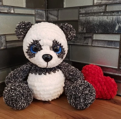 Oso panda ganchillo y corazón hecho a mano amigurumi Get Well regalo chenilla 9,5"  Foto 1 de 4