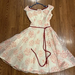 Vintage hausgemachtes Kleid rote Rosen Crush rot Samtbesatz Tüll Schlupfrock 26" Taille - Bild 1 von 12