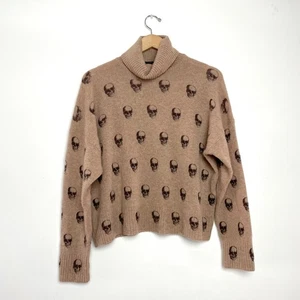360 Cashmere Skull Print Brown Gothic Goth Quiet Luxury Turtleneck Sweater Sz M - Picture 1 of 6