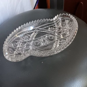 Vintage Kristall geschliffenes Glas Relish Schale mit kompliziertem Design 7" lang - Bild 1 von 6
