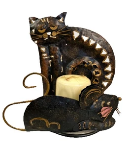 Kitty Cat & Mouse Welded Metal Art Votive Pillar Candle Holder Gold Black 8.25”H - Picture 1 of 10