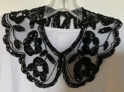 Винтажный воротник черный кружева/пайетки аппликация на NetFlower съемный крюк - Изображение 1 из 4