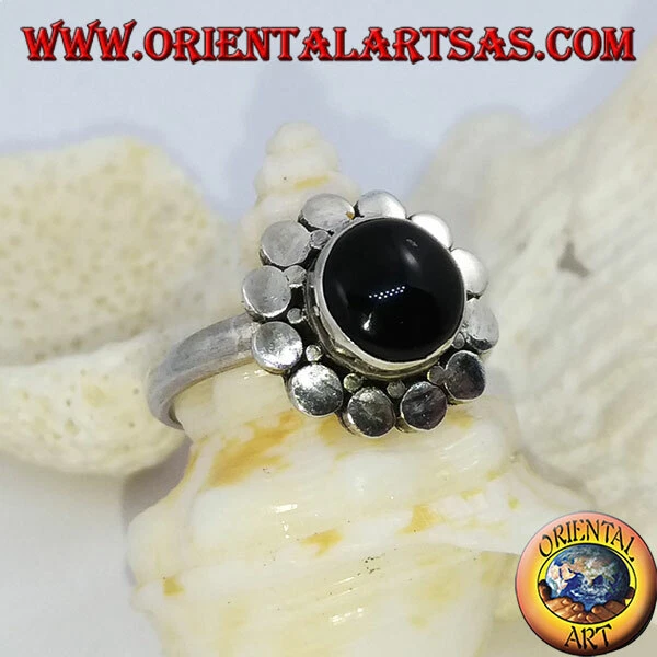 Anello in Argento 925‰ a margherita a piastrine con onice tonda a cabochon - Immagine 1 di 1