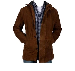 Men's Pure Suede Leather Brown ¾ Jacket Handmade Fashionable Casual Formal Coat - Picture 1 of 9