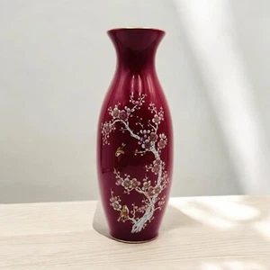 Ceramic Japanese Vase Tao Mei Red Flowers and Birds Gold Trim 10.5” Vintage - Picture 1 of 9