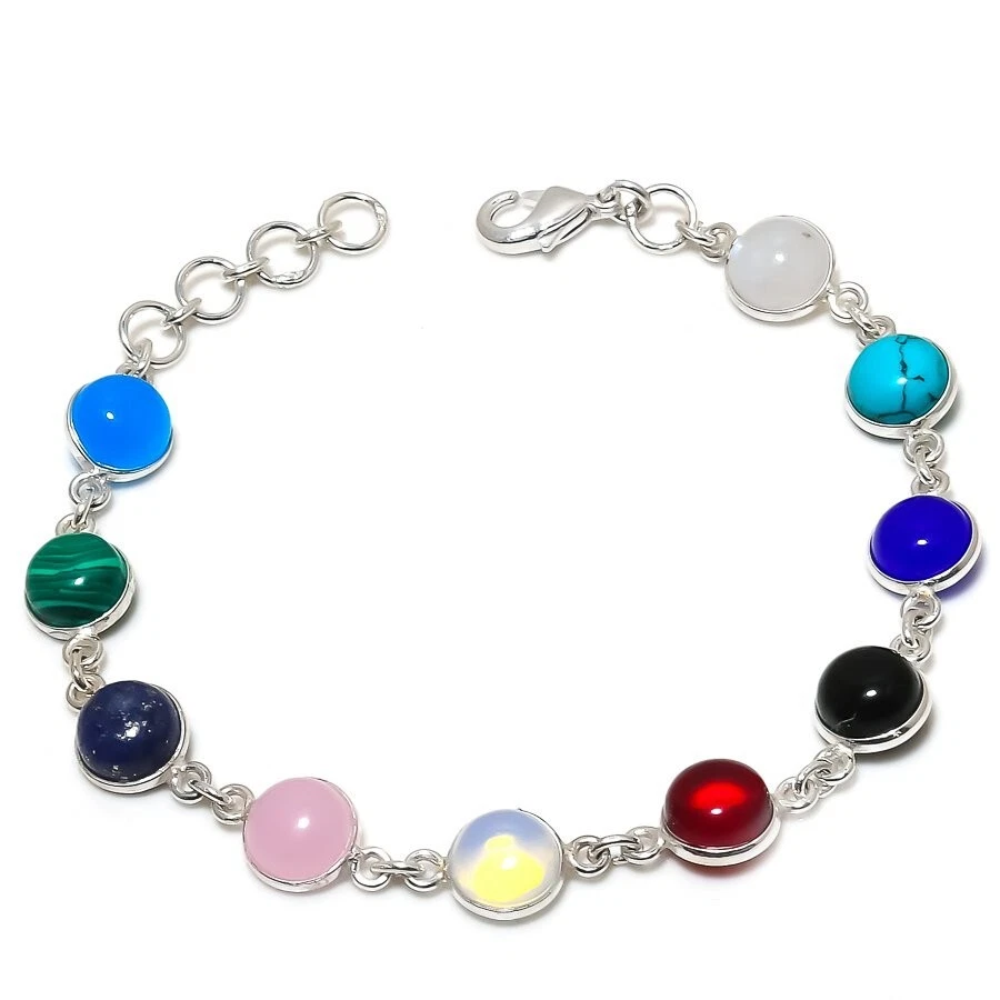 Multi Color Gemstone Handmade 925 Sterling Silver Jewelry Bracelet Sz 7-8" - Image 1 of 1