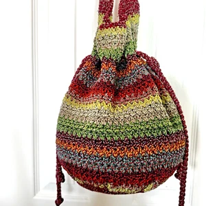 THE SAK Hand Crochet Bucket Crossbody Bag Multicolored Rainbow Stripes Vtg 3181 - Picture 1 of 8